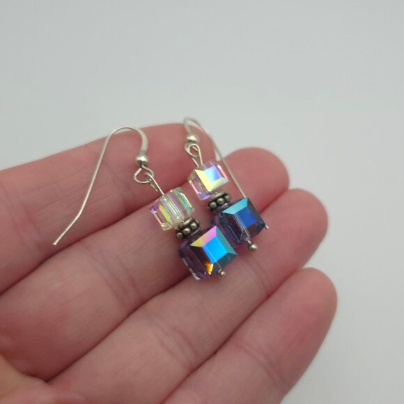 925 Sterling Silver Cute Handmade Multicolor Crystal Dangle Earrings - Picture 2 of 4